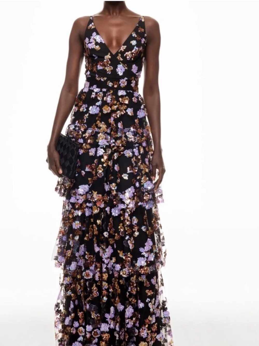 Dress the Population Black Maxi with Lilac and Bronze Floral Embroidery